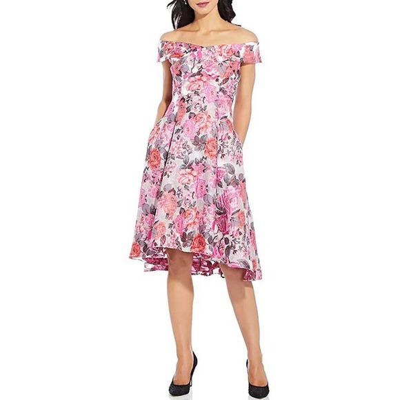 Adrianna Papell Dresses & Skirts - Adrianna Papell Floral Off-The-Shoulder Floral Print Jacquard Hi-Low Dress